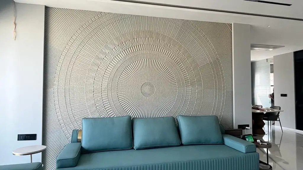 Modern geometric abstract CNC carved natural stone accent wall for luxury bedroom by Stone World