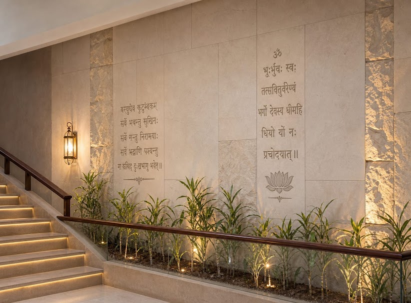 Luxury entrance foyer featuring a prominent CNC carved natural stone statement wall with warm uplighting by Stone World