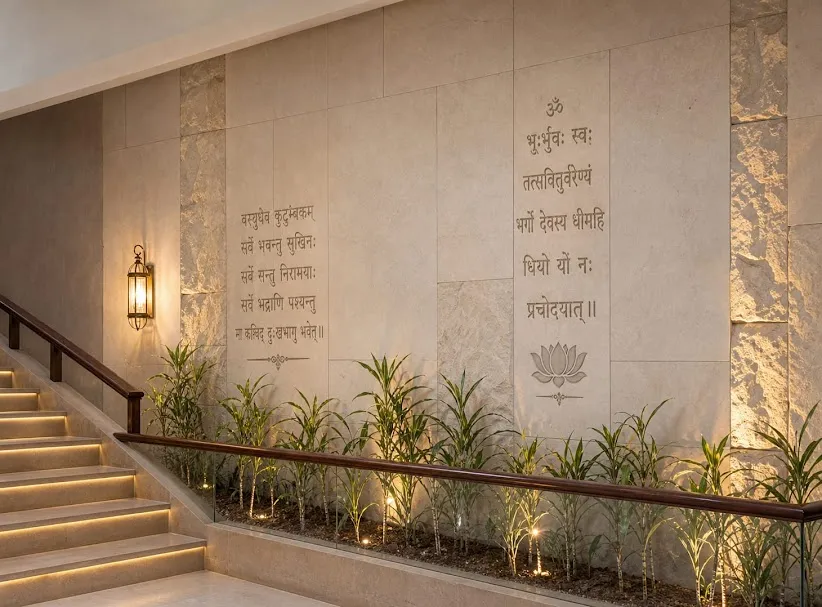 Luxury entrance foyer featuring a prominent CNC carved natural stone statement wall with warm uplighting by Stone World