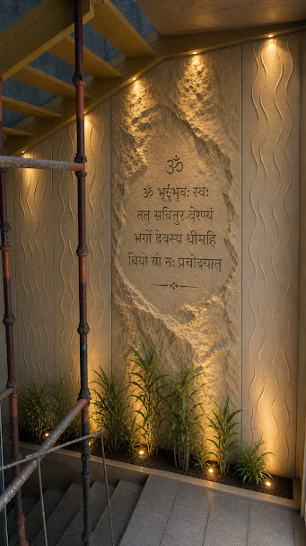 Detailed CNC carving of calligraphic Sanskrit shlokas on natural stone wall panel by Stone World