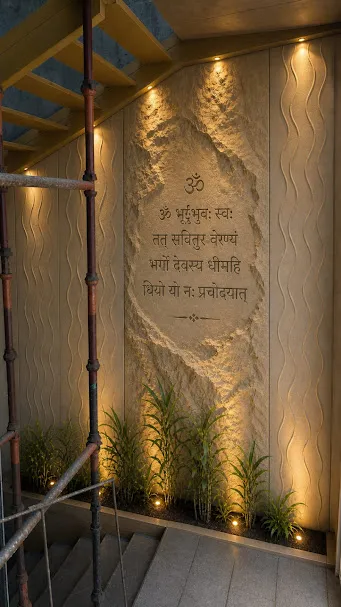 Detailed CNC carving of calligraphic Sanskrit shlokas on natural stone wall panel by Stone World