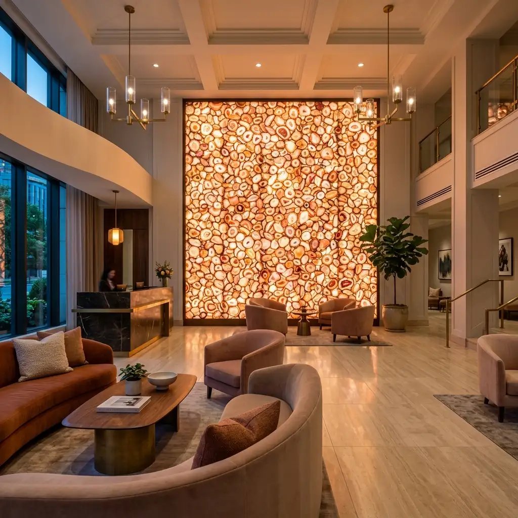 Boutique hotel lobby with a backlit warm orange and pink agate feature wall