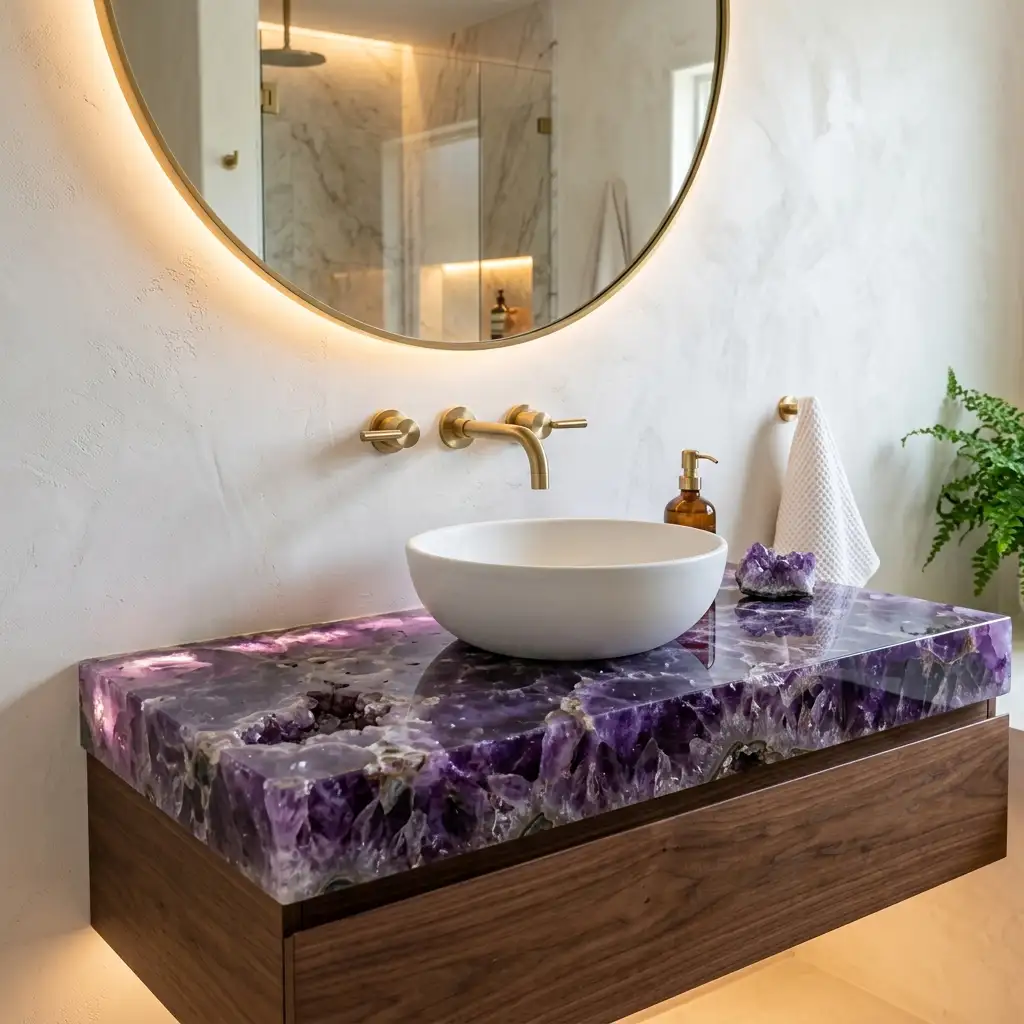 Luxury bathroom vanity top made entirely of deep violet amethyst crystal with brass faucets