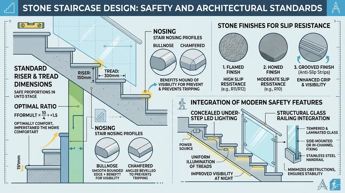 Stone staircase safety and architectural standards guide detailing standard riser and tread dimensions, anti-slip finishes, nosing profiles and glass railing integration