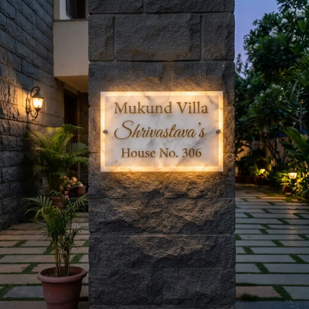 Backlit white onyx stone name plate glowing at night, crafted by Stone World Indore