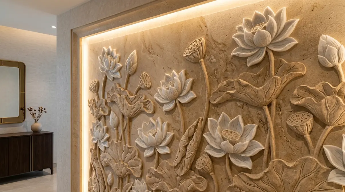 Bespoke CNC carved natural stone wall panel with 3D lotus relief textures in beige limestone and white marble with warm lighting