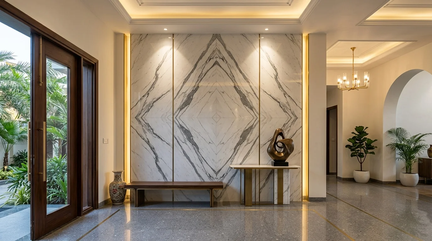 Four slab diamond bookmatch white marble accent wall design with brass inlay trims in modern Indian entrance foyer