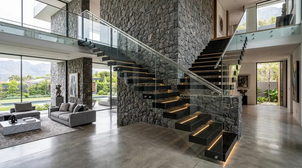 Cantilever floating natural stone staircase with white marble steps anchored into structural wall with under-tread LED lighting