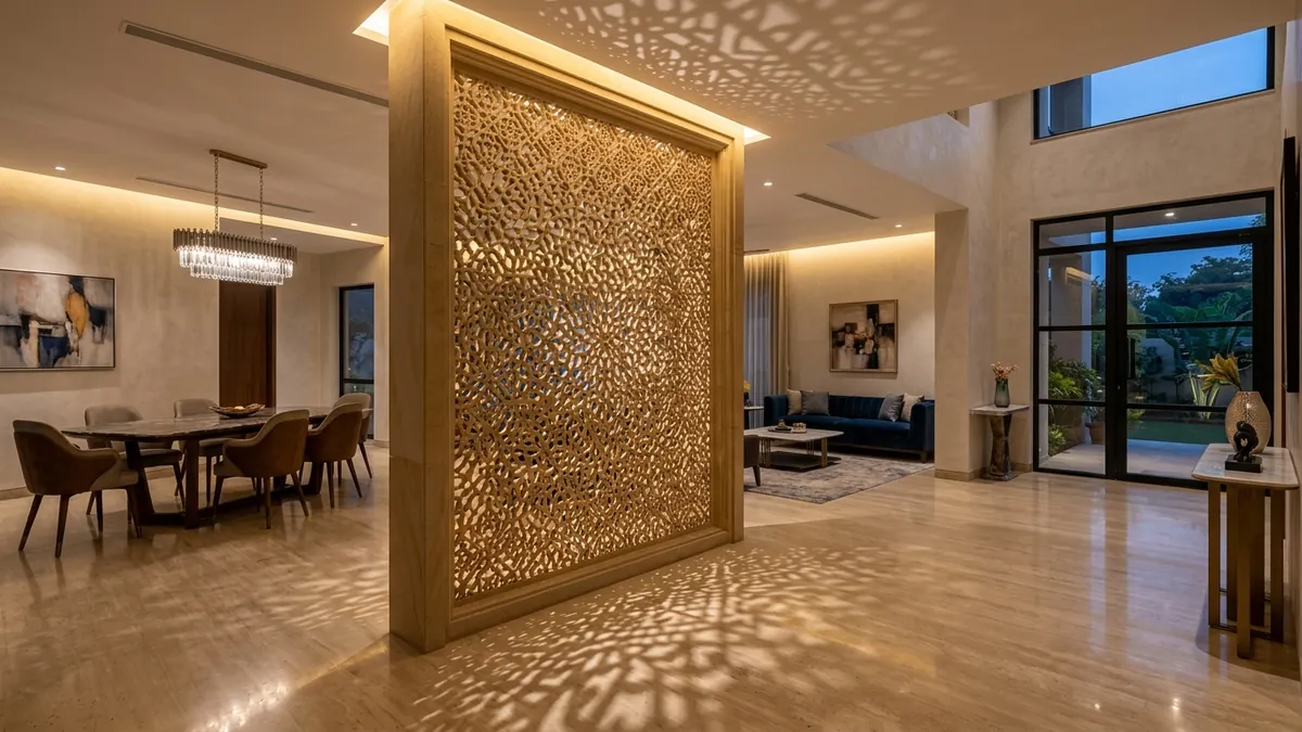 Double-height luxury open foyer featuring a bespoke CNC carved beige sandstone jaali partition screen separating dining and living rooms with ambient lighting