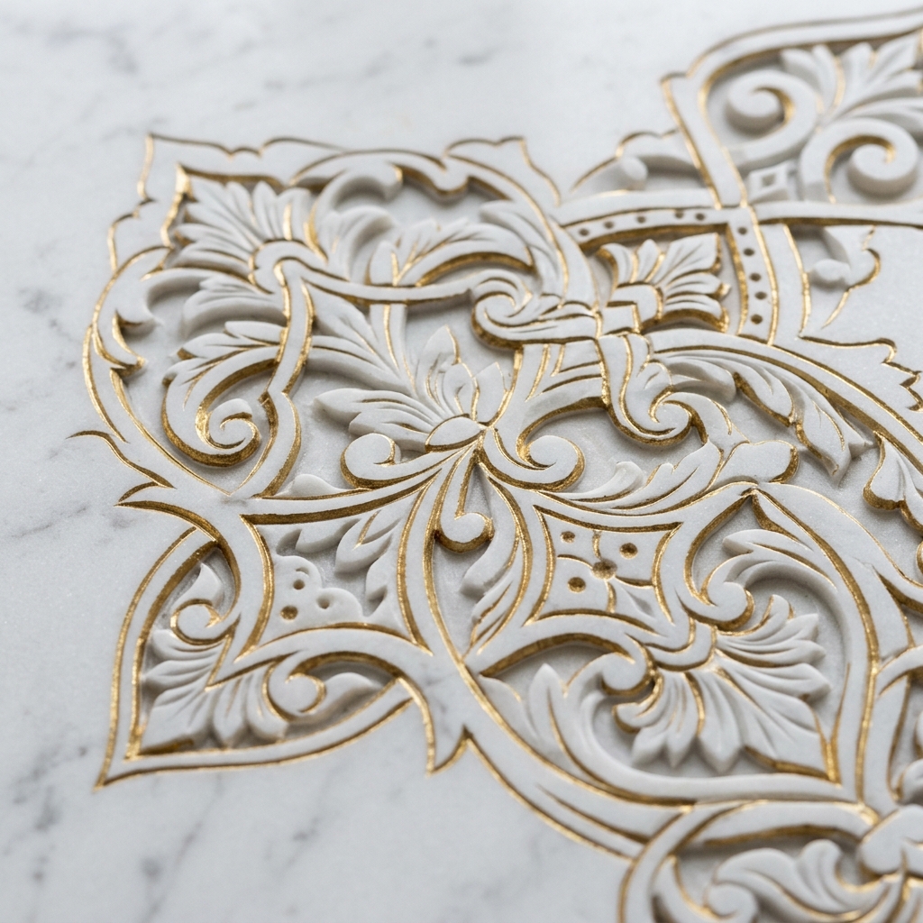 Close up detail of custom CNC marble name plate engraving with gold leafing