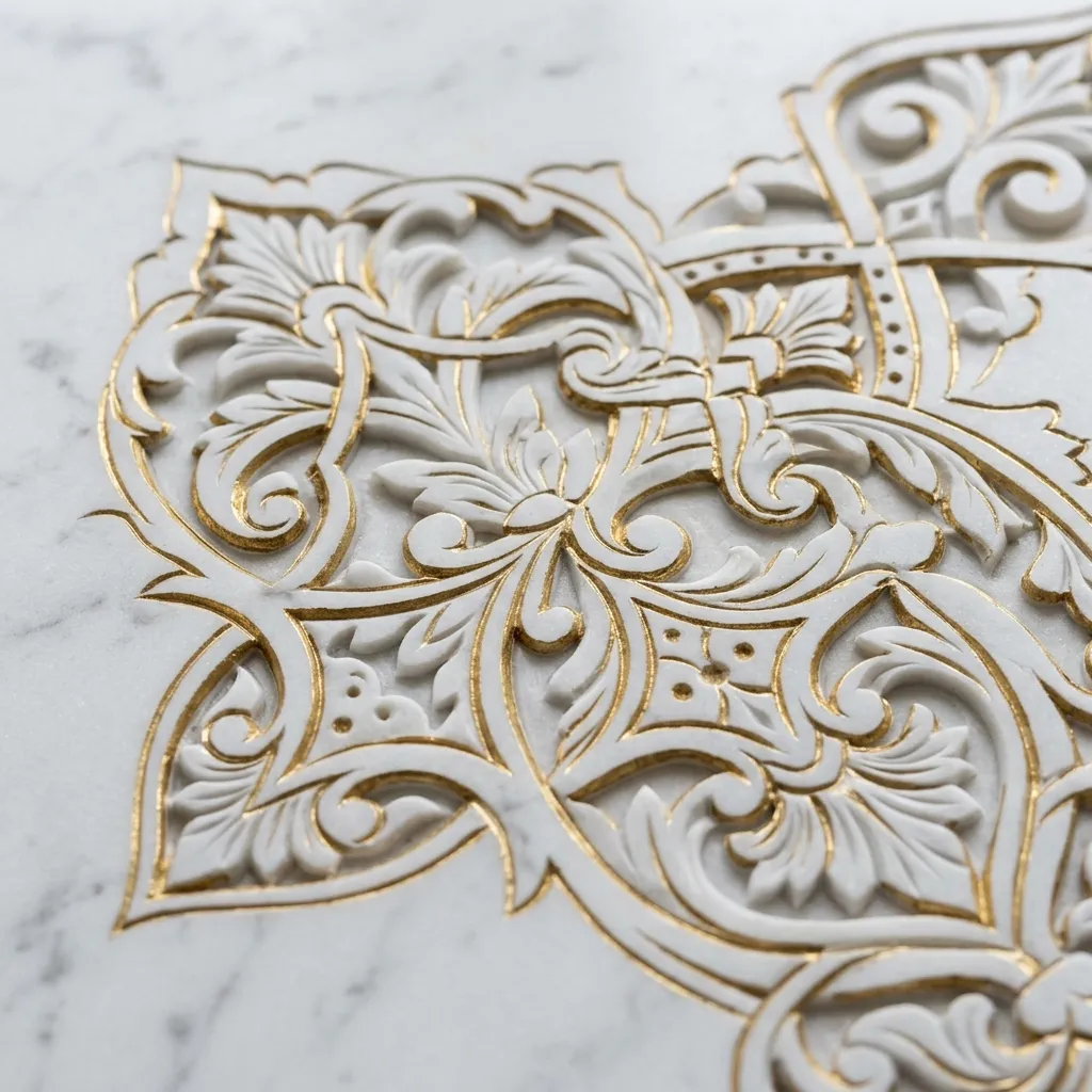Close up detail of custom CNC marble name plate engraving with gold leafing