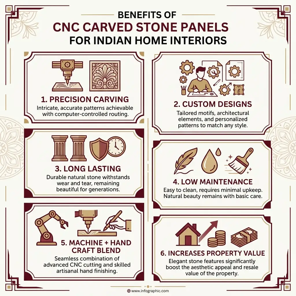 infographic showing 6 key benefits of CNC carved stone panels for Indian homes including precision, customisation, durability and low maintenance by Stone World