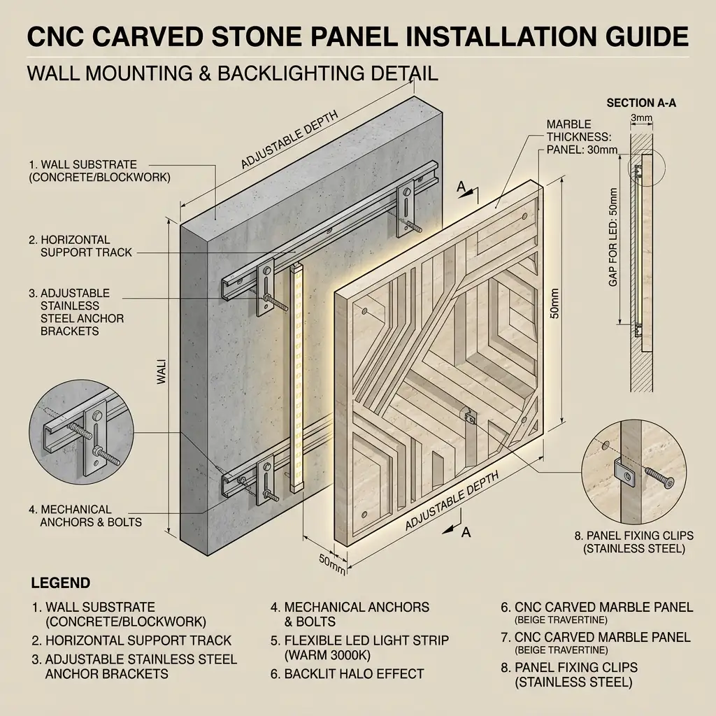 technical guide for installing cnc carved marble wall panels with backlighting