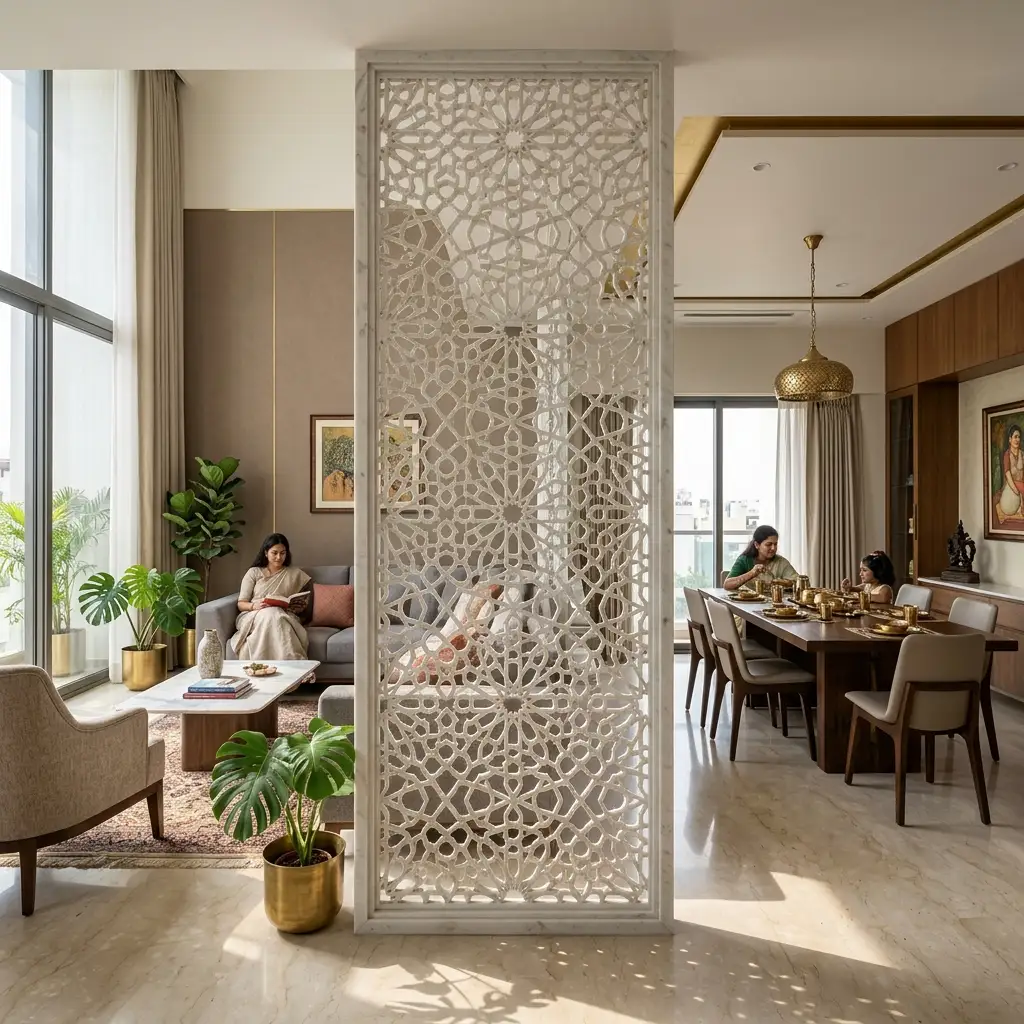 Elegant CNC carved white marble jaali partition screen dividing living and dining areas by Stone World