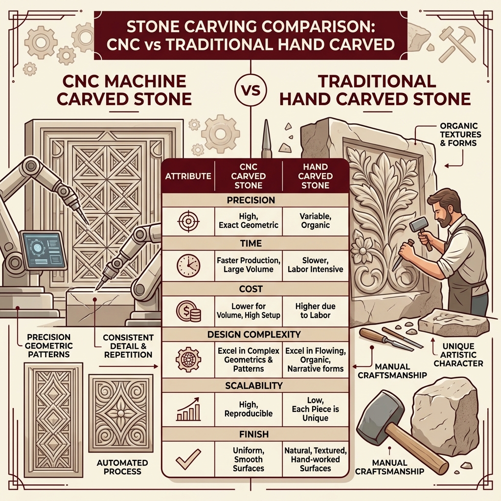 comparison infographic CNC carved stone vs hand carved stone showing differences in precision time cost and scalability by Stone World