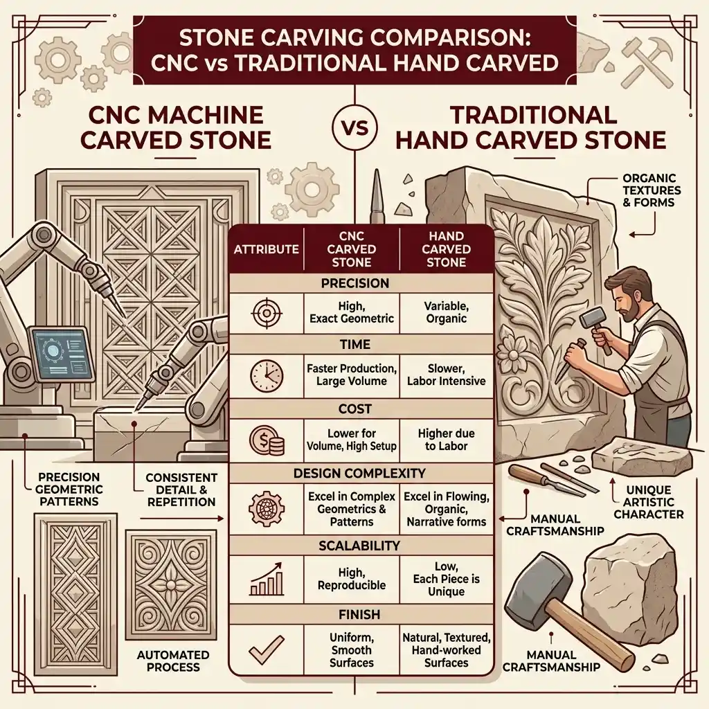comparison infographic CNC carved stone vs hand carved stone showing differences in precision time cost and scalability by Stone World
