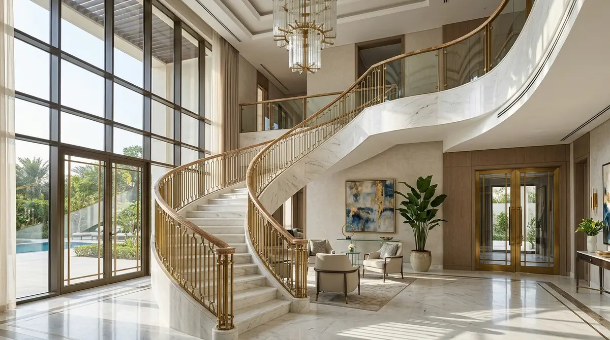 Curved natural white marble staircase in a luxury modern villa entrance foyer with flowing veins and golden brass railings
