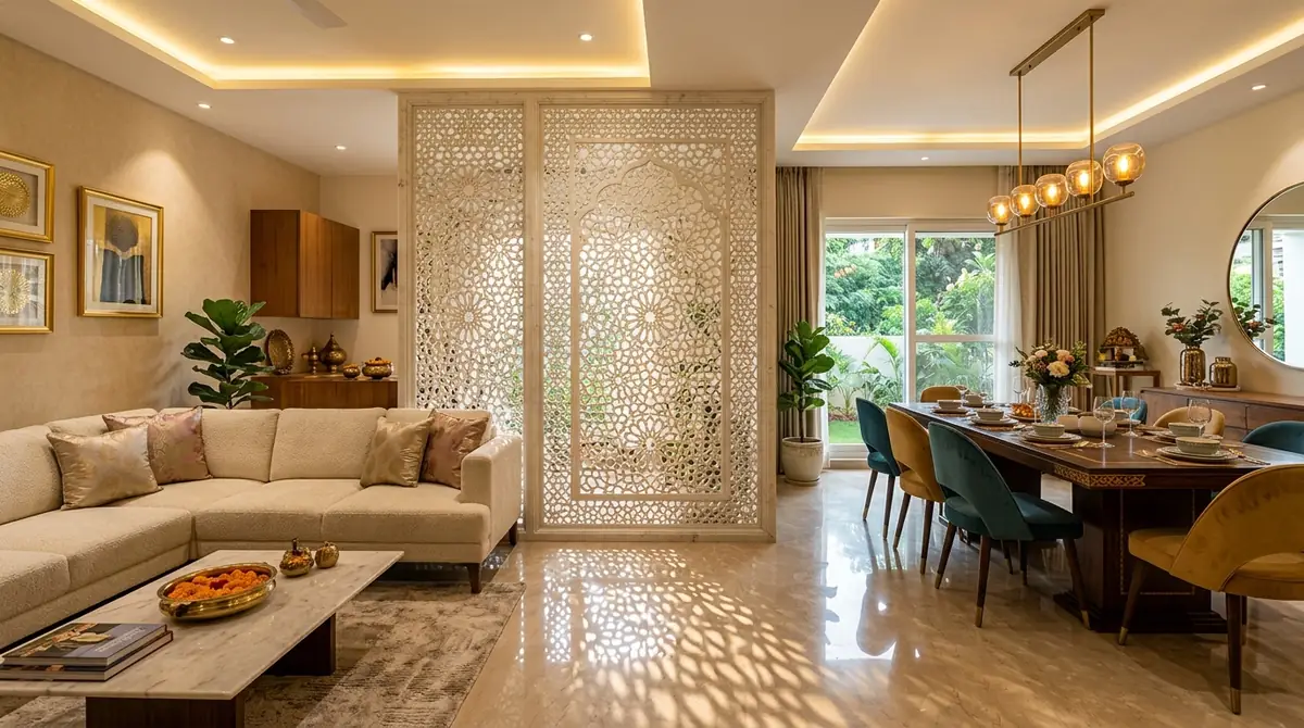 Custom marble jali partition wall screen in white marble dividing living and dining room with geometric lattice patterns