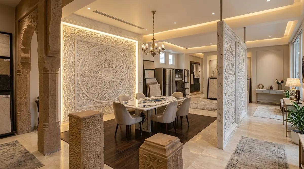 Custom natural stone designs featuring 3D CNC carved white marble feature wall panels, semi-precious stone inlay dining table and marble jali screens