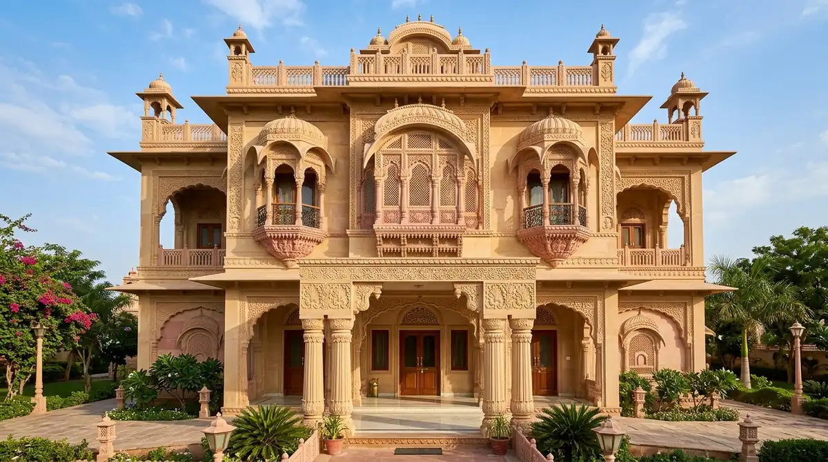 Villa exterior facade featuring customized sandstone jharokha balcony windows and carved architectural fluted columns