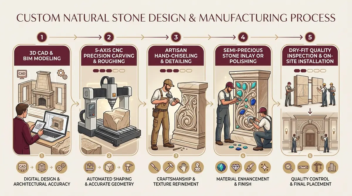 Custom natural stone design and manufacturing process infographic showing 5 phases from 3D CAD BIM modeling to CNC carving, hand finishing and site installation
