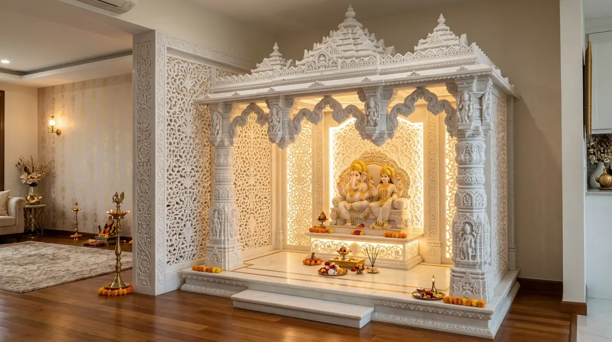 Custom stone mandir design crafted in pure white Makrana marble with carved pillars, shikhara spires and warm backlighting