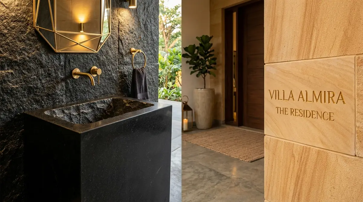 Custom monolithic carved black granite wash basin vanity and bespoke CNC engraved sandstone villa entrance name plate
