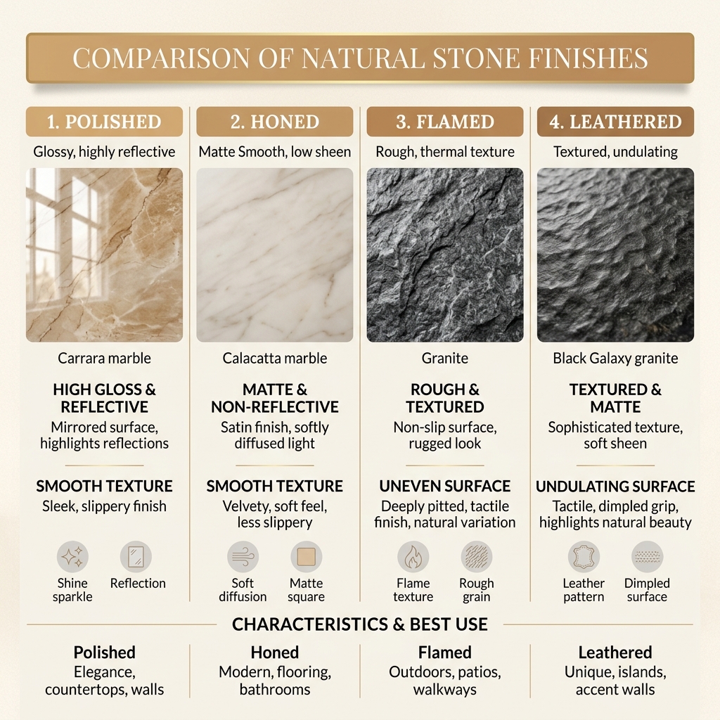 Visual comparison showing Polished, Honed, Flamed and Leathered natural stone finishes side-by-side