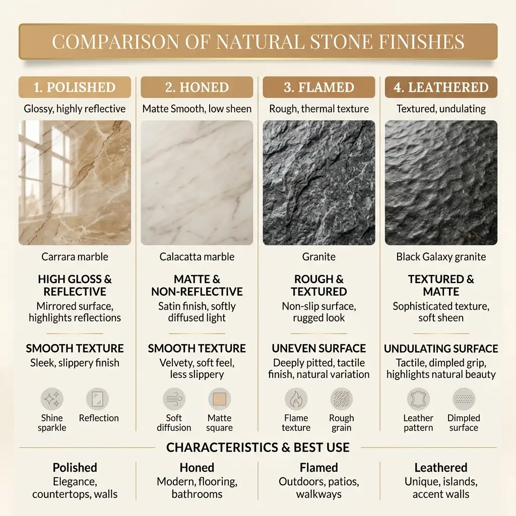 Visual comparison showing Polished, Honed, Flamed and Leathered natural stone finishes side-by-side