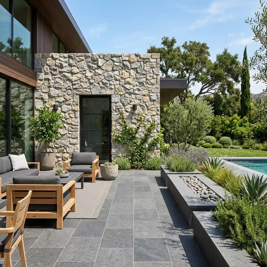 Outdoor landscape showcasing split-face natural stone walls and flamed slip-resistant granite flooring