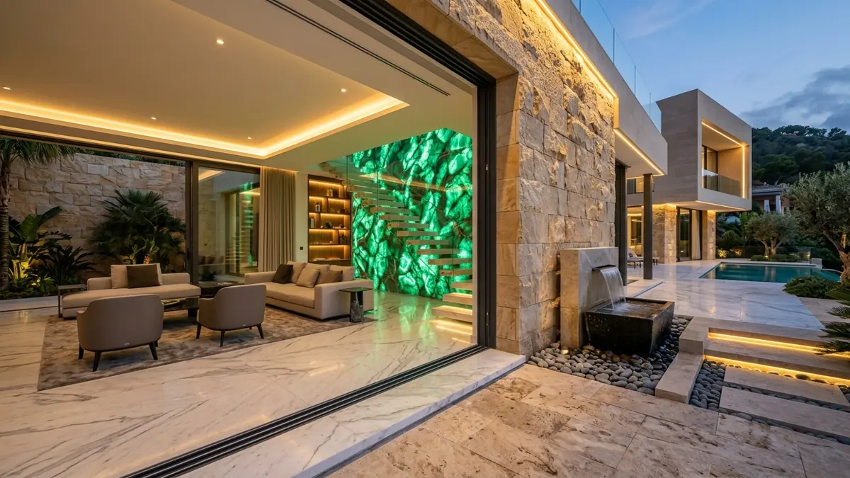 Different uses of stones in modern architecture and luxury interior design featuring natural marble flooring, backlit quartzite accent wall and exterior sandstone cladding