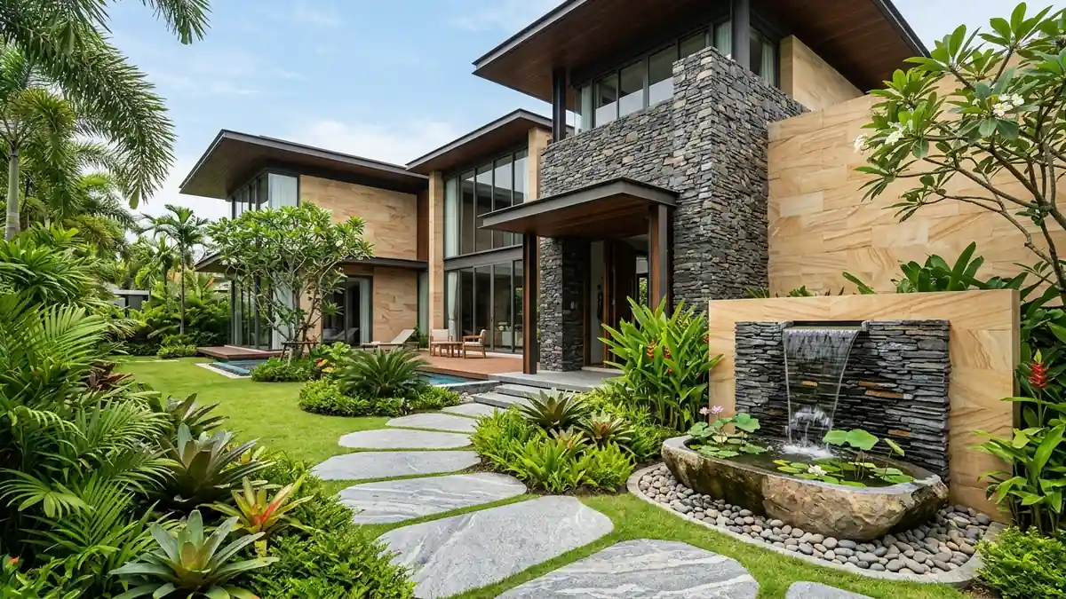 Exterior facade of luxury villa showing natural sandstone wall cladding, slate stone water cascade fountain and granite garden stepping stones