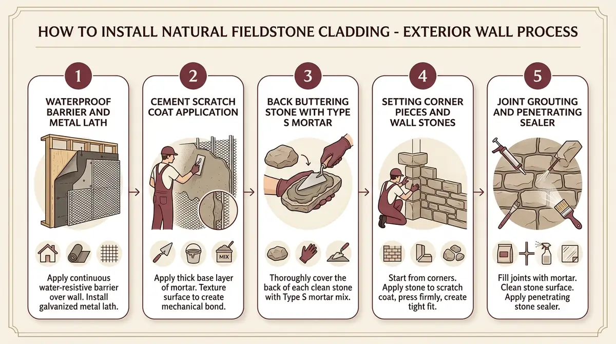 Step by step diagram showing how to install natural fieldstone cladding including waterproofing, scratch coat, back buttering, corners and sealing