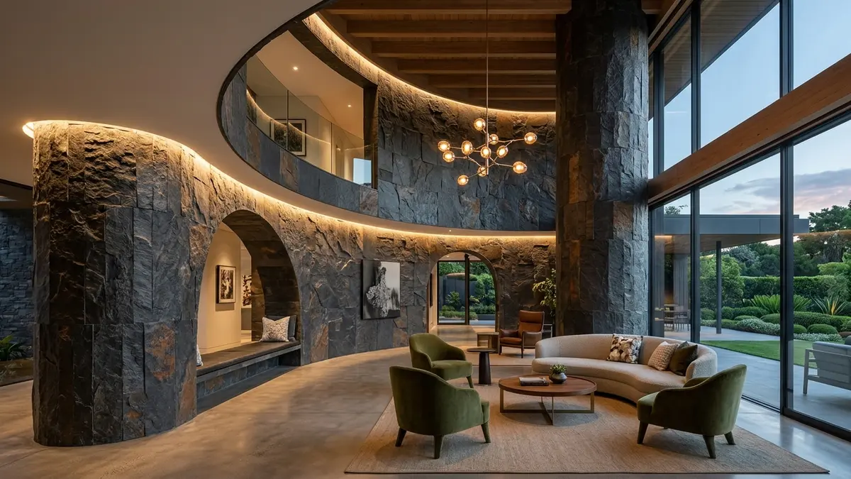 Luxury architectural interior with flexible natural stone veneer sheets clad across curved walls and columns