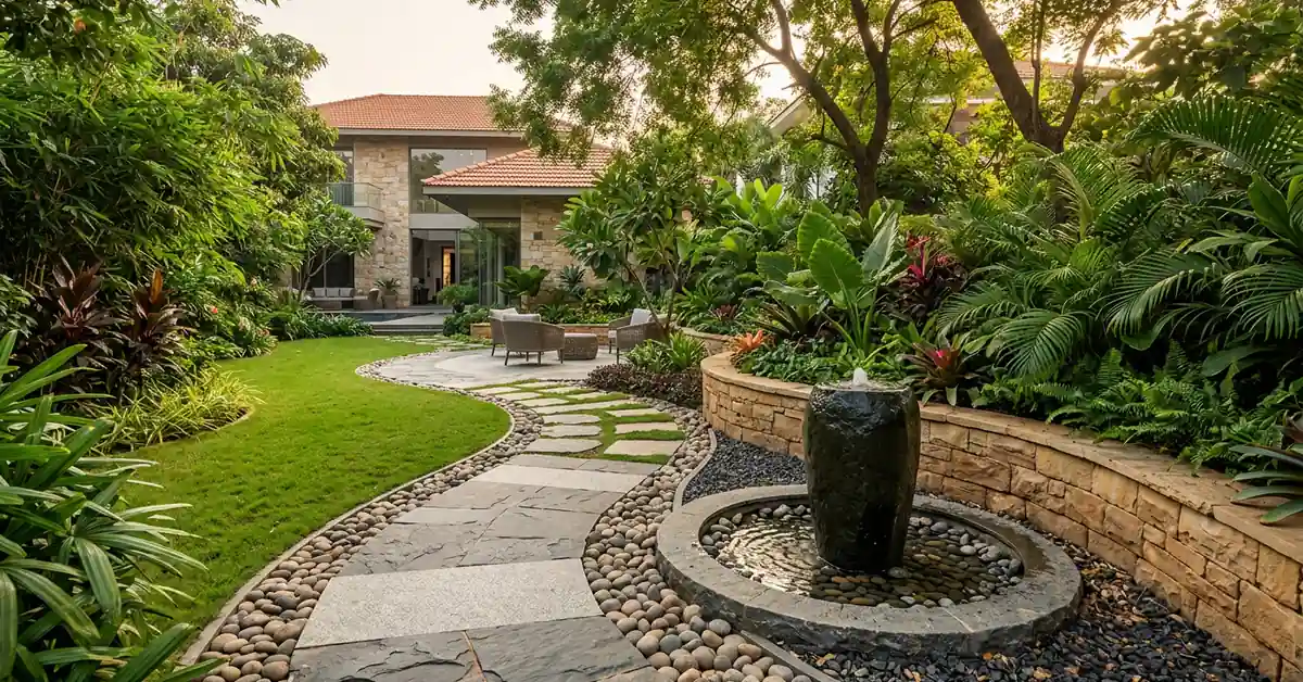 Garden designs with stones - Natural slate pathway, granite water fountain, and sandstone retaining wall