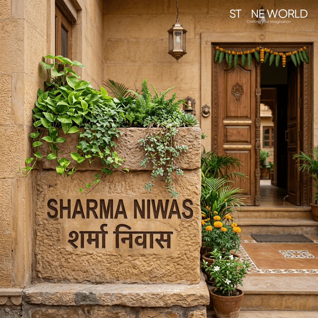 Sandstone name plate with integrated planter on top, custom designed in Indore