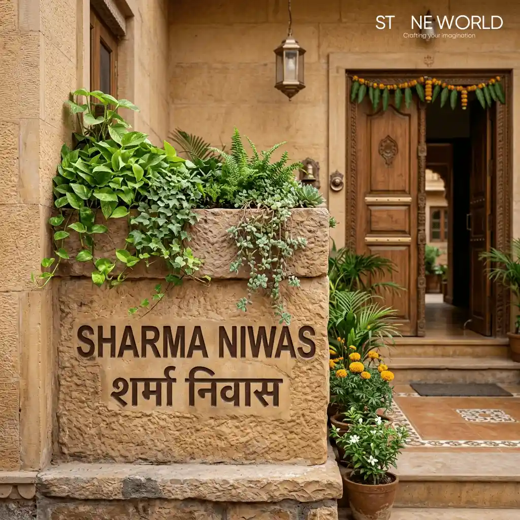 Sandstone name plate with integrated planter on top, custom designed in Indore
