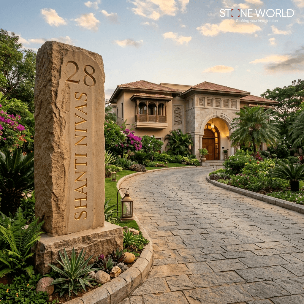 Monolithic standing stone pillar with vertically engraved house name, crafted in Indore