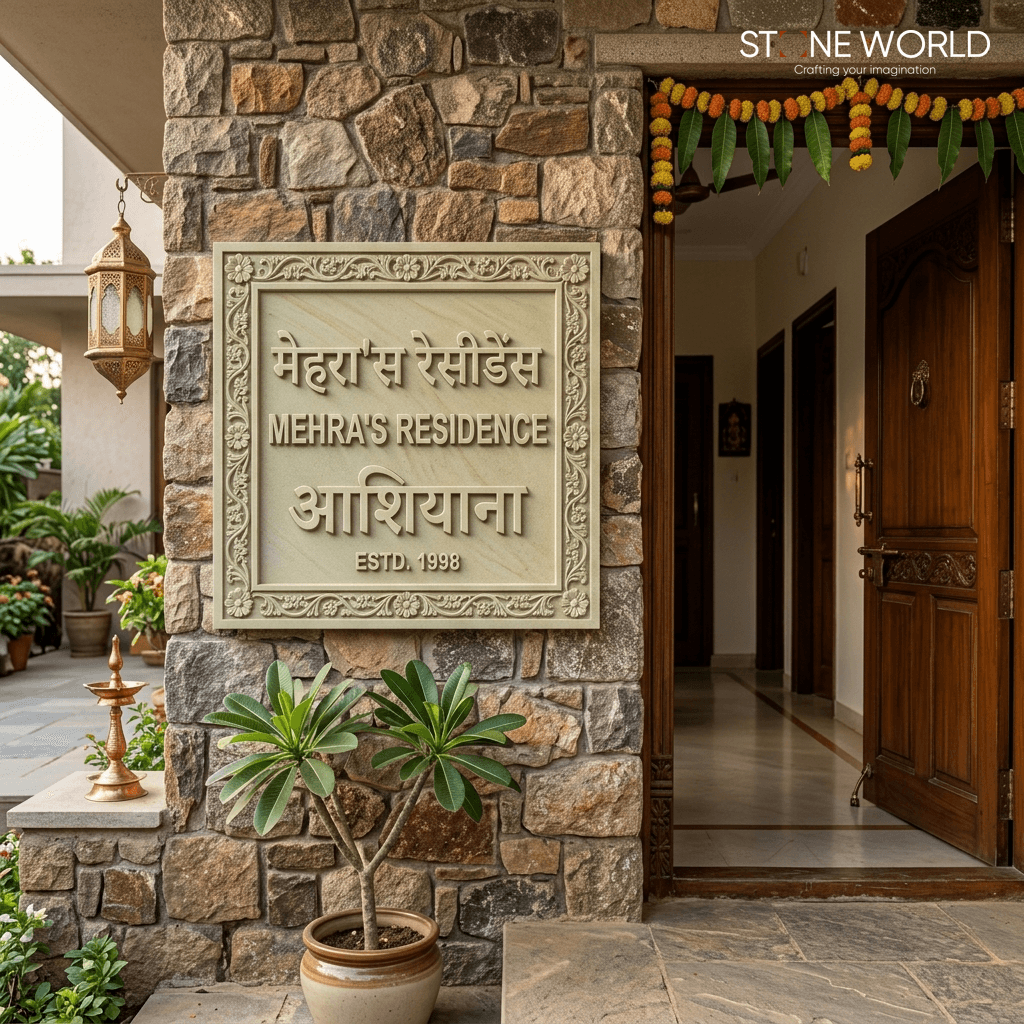 Mint sandstone name plate with raised 3D carved letters for Central India homes