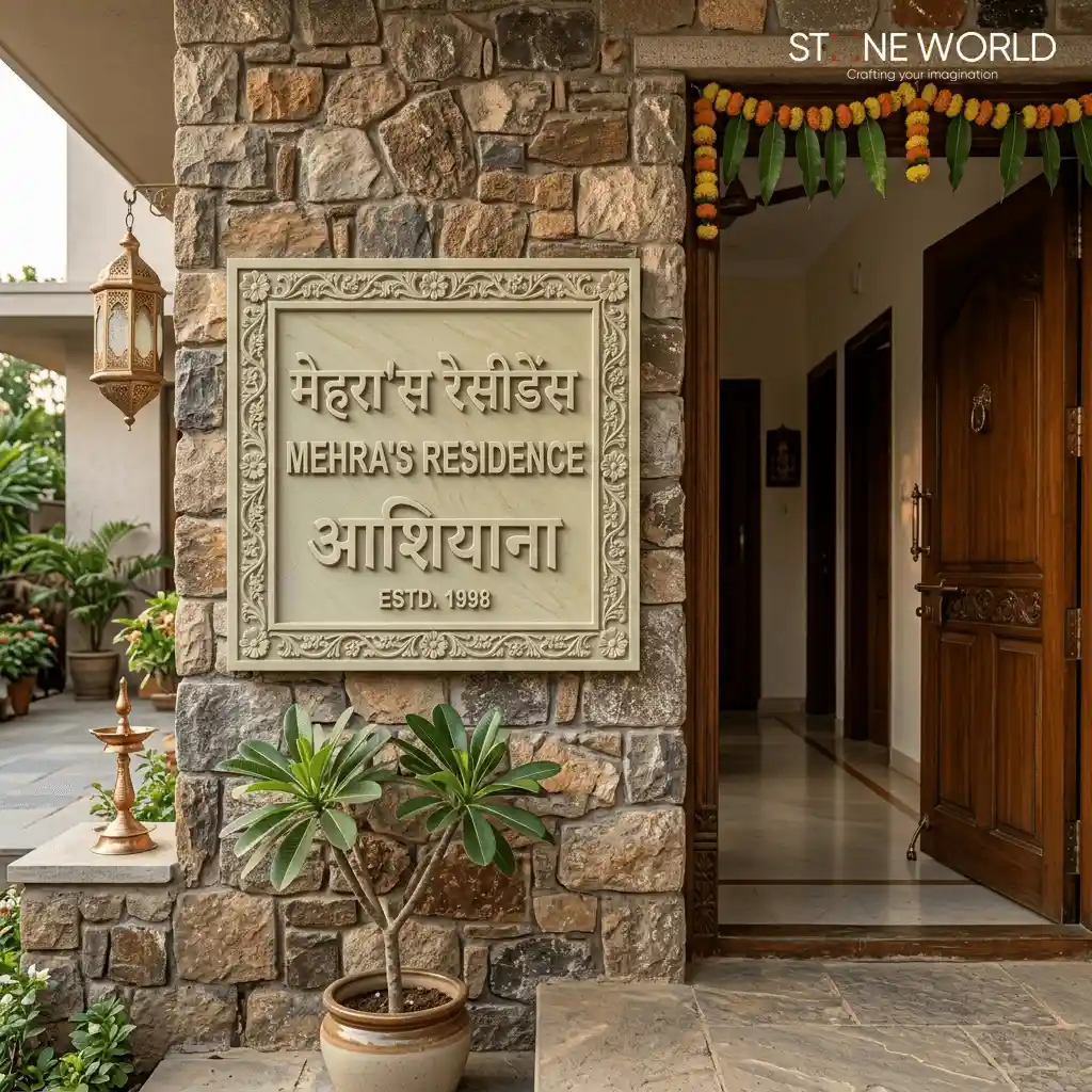 Mint sandstone name plate with raised 3D carved letters for Central India homes