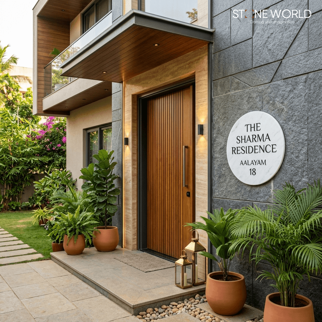 Perfectly circular white marble name plate with black lettering for Indore residences
