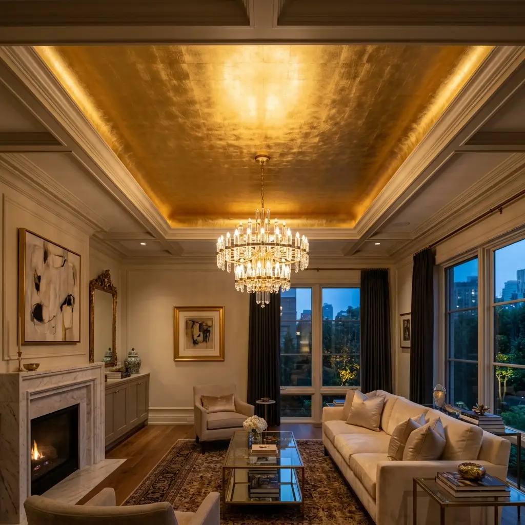 Luxurious living room featuring a recessed tray ceiling coated in gold leaf