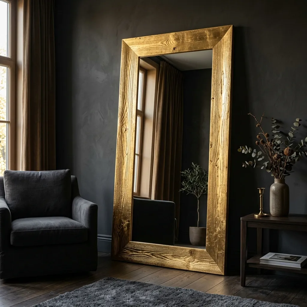 Large floor mirror featuring a heavily textured wide frame completely covered in gold leaf