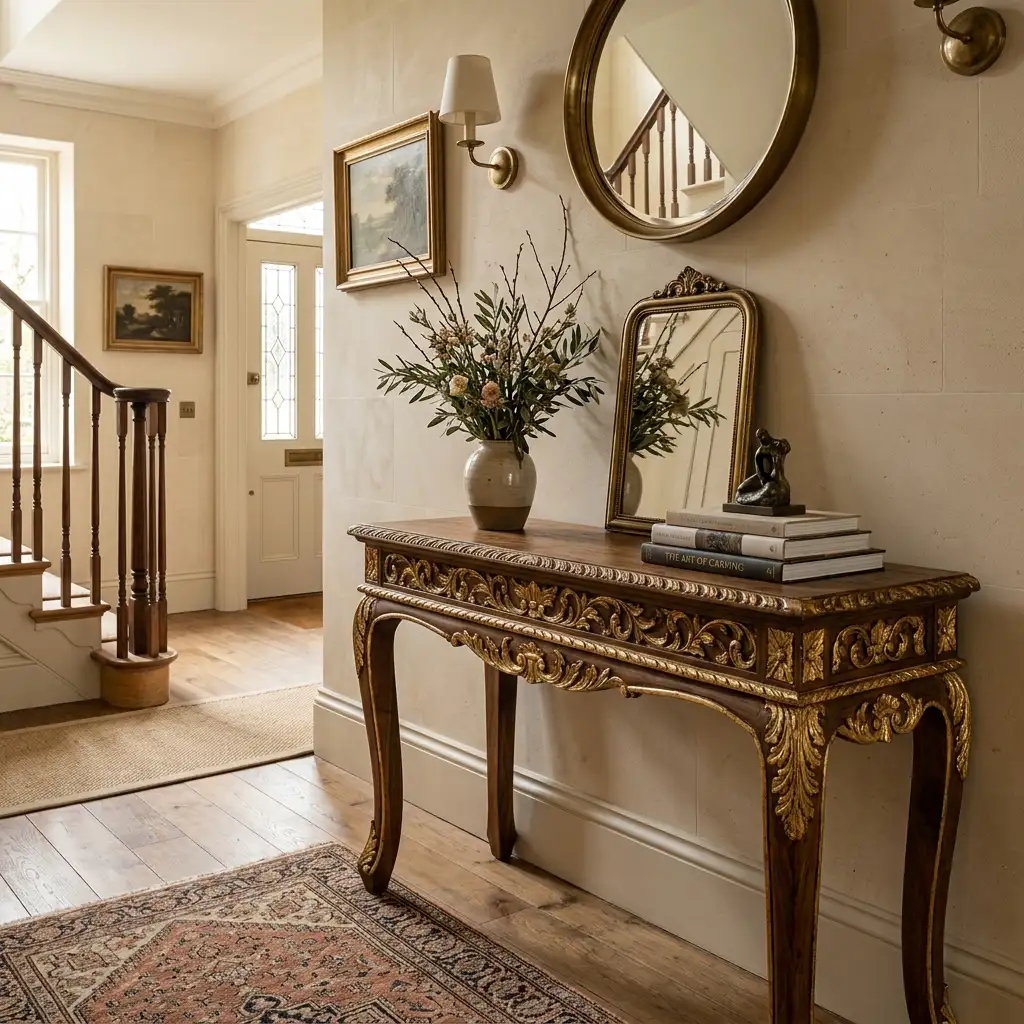 Solid teak wood console table in an entryway with intricately carved edges highlighted in gold leaf