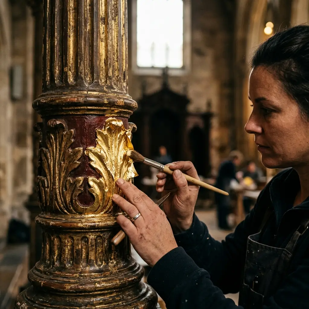 Close-up of a skilled artisan applying gold leaf to a decorative architectural column