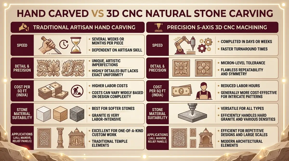 Hand carved vs 3D CNC natural stone carving infographic comparing speed, detail precision, material suitability and architectural applications