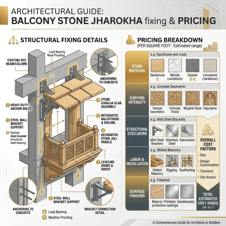 Diagram showing balcony stone jharokha anchor bolts, bracket fixing safety, and structural weight distribution