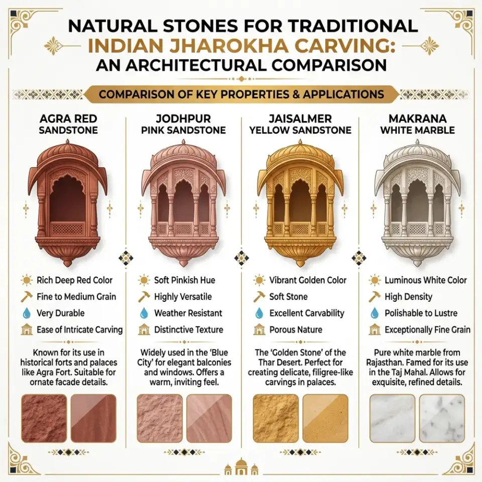 Comparison guide of Agra red sandstone, Jodhpur pink sandstone, Jaisalmer yellow stone, and white marble for jharokha
