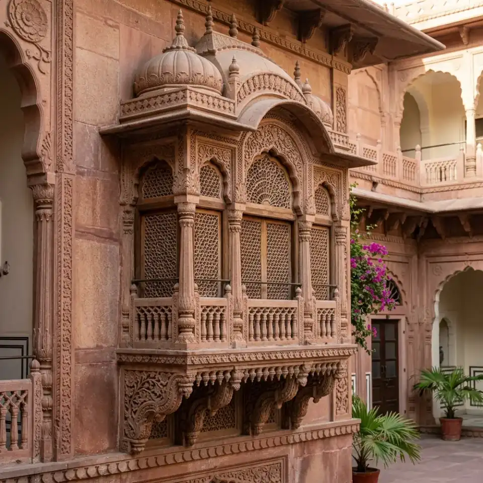 Traditional Rajasthani heritage jharokha stone window balcony with hand carved red sandstone work