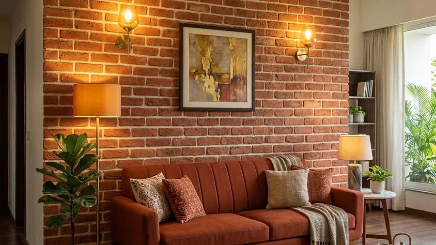 Interior brick wall cladding on a feature wall in a modern Indian home